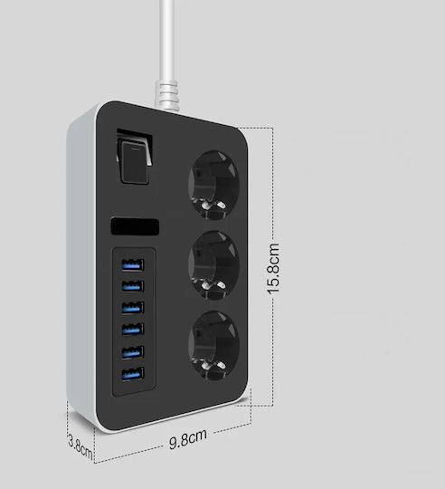 Cablu prelungitor 6 porturi USB 3 prize universale 3000W 3.1A 1.8m protecție pentru copii împământare 15.8x9.8x3.8 cm negru gri