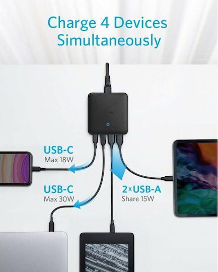 Anker Charging Station with 2 USB-A Ports and 2 USB-C Ports 65W Power Delivery in Black Color (Powerport Atom Iii)