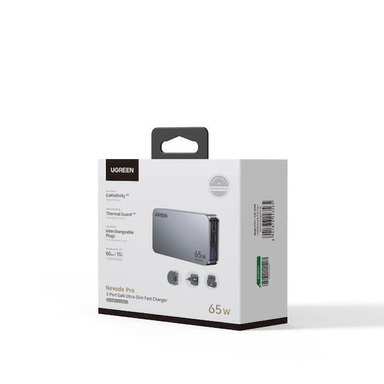 Ugreen Φορτιστής Χωρίς Καλώδιο GaN με Θύρα USB-A και 2 Θύρες USB-C 65W Power Delivery Γκρι (Nexode Pro)