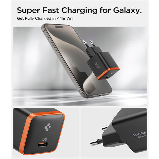 Spigen Charger Without Cable With USB-C Port 30W Quick Charge 3.0 Black (ArcStation Essential)