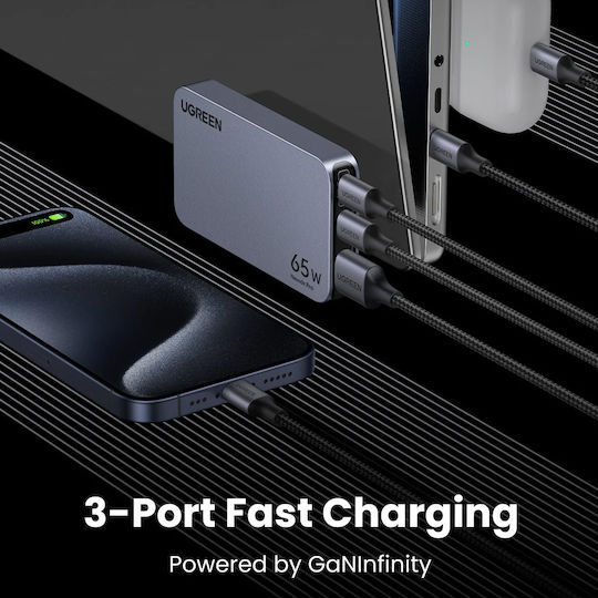 Ugreen Φορτιστής Χωρίς Καλώδιο GaN με Θύρα USB-A και 2 Θύρες USB-C 65W Power Delivery Γκρι (Nexode Pro)
