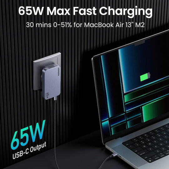 Ugreen Φορτιστής Χωρίς Καλώδιο GaN με Θύρα USB-A και 2 Θύρες USB-C 65W Power Delivery Γκρι (Nexode Pro)