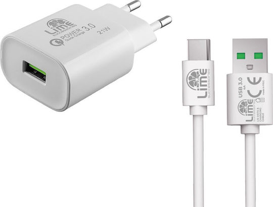 Lime Φορτιστής με Θύρα USB-A και Καλώδιο USB-C 21W Quick Charge 3.0 Λευκός (LTU25)
