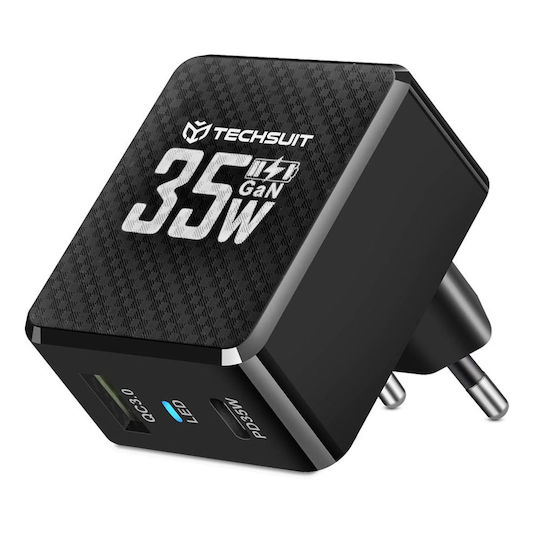 Techsuit Charger Without Cable GaN with USB-A Port and USB-C Port 35W Power Delivery / Quick Charge 3.0 Blacks (CHPD173)