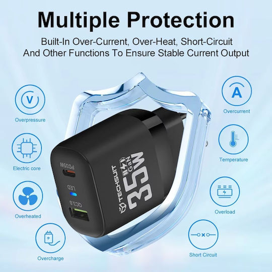 Techsuit Charger Without Cable GaN with USB-A Port and USB-C Port 35W Power Delivery / Quick Charge 3.0 Blacks (CHPD174)