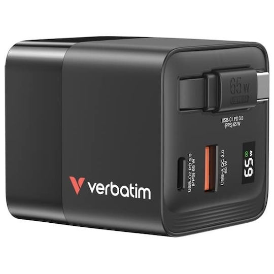 Verbatim Ladegerät mit integriertem Kabel GaN mit USB-A Anschluss und USB-C Anschluss USB-C 65W Stromlieferung / Schnellaufladung 3.0 Schwarzs (32217)