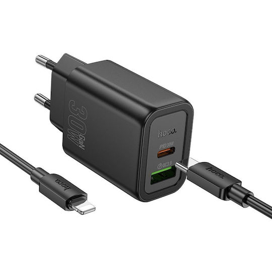 Hoco Charger with USB-A Port and USB-C Port and Cable USB-C - Lightning 30W Power Delivery / Quick Charge 3.0 Blacks (N63)