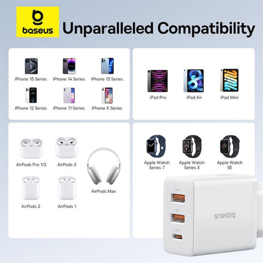 Baseus GaN Wireless Charger with 2 USB-A Output Ports and USB-C Output Port 30W Power Delivery White (Cube Trio)