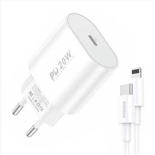 Foneng Φορτιστής με Θύρα USB-C και Καλώδιο USB-C - Lightning 20W Power Delivery Λευκός (EU39)