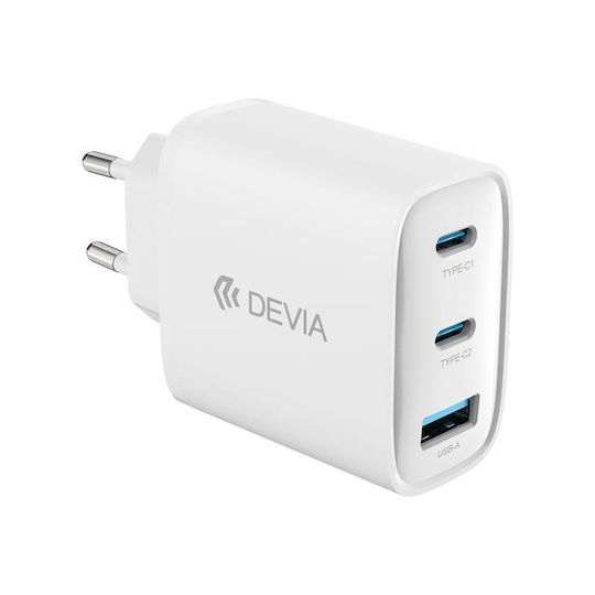 Devia Charger Without Cable GaN with USB-A Port and 2 USB-C Ports 65W Power Delivery Whites (Extreme Speed Series)