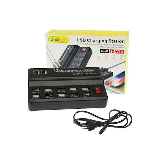 Andowl Βάση Φόρτισης με 10 Θύρες USB-A 60W σε Μαύρο χρώμα (Q-CD10P)