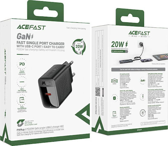 Acefast Φορτιστής GaN με Θύρα USB-C και Καλώδιο USB-C - USB-C 20W Power Delivery Μαύρος (A82)