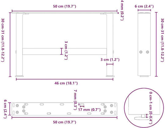 vidaXL Metallic Furniture Leg 2 Pieces Suitable for Table / Coffee Table 50x30x30cm Natural
