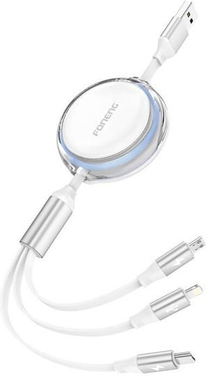 Foneng Extensibil Cablu USB la Lightning / Type-C / micro USB cu mai multe porturi 2.1A Alb 1.1m