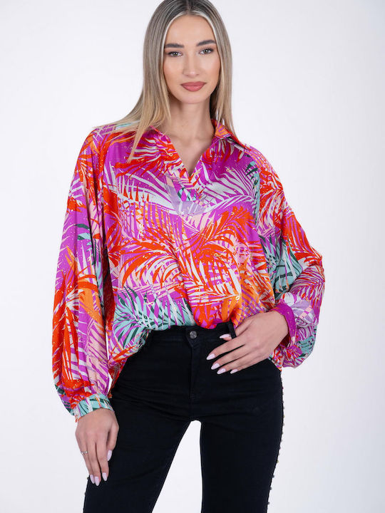 MyCesare Women's Floral Long Sleeve Shirt Fuchsia