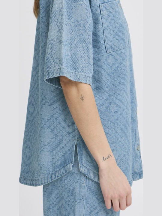 Kurzärmelig Damen Denim Hemd Light Blue Denim