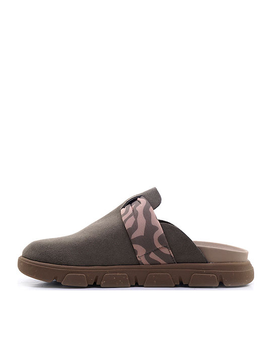 Leather Mules with Heel in Khaki Color