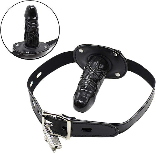 SMD Lockable Mouth Gag Dildo, кожен колан с Намордник в Черен Цвят
