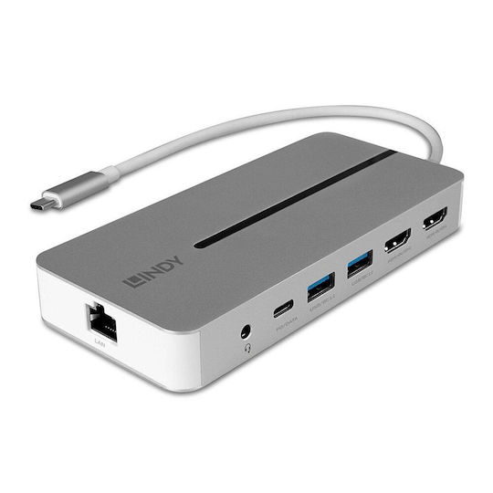 Lindy USB-C Docking Station with HDMI 4K PD Ethernet and Support for 2 Monitors Gray (43360)