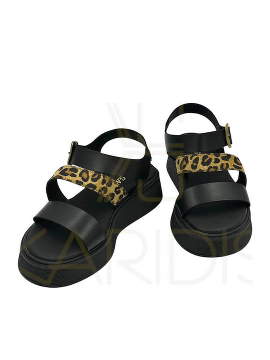 Δερμάτινα Γυναικεία Σανδάλια Flatforms Black Leopard
