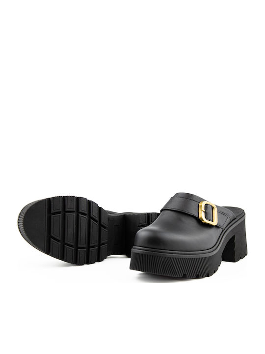 Leather Mules with Chunky High Heel in Black Color