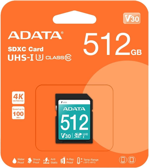 Adata Premier Pro SDXC 512GB U3 UHS-I 100MB/s με αντάπτορα