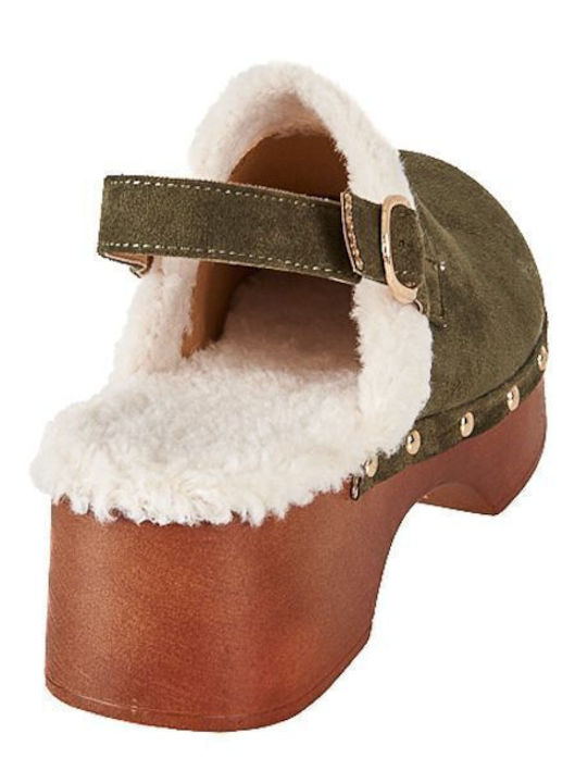 Suede Mules με Χοντρό Χαμηλό Τακούνι σε Πράσινο Χρώμα
