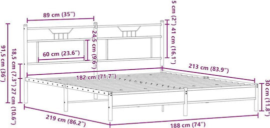 King Size Wooden Brown Bed with Slats for Mattress 183x213cm