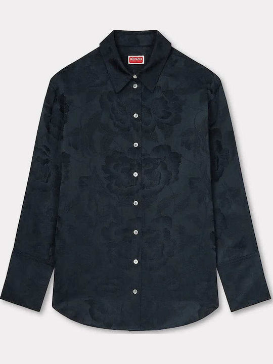 Peonies Long Sleeve Women's Silky Shirt Black