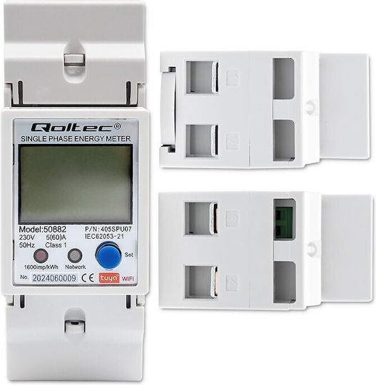 Qoltec 50882 Single Phase Electronic Energy Consumption Meter Din Rail Wi-fi Tuya 230v Lcd