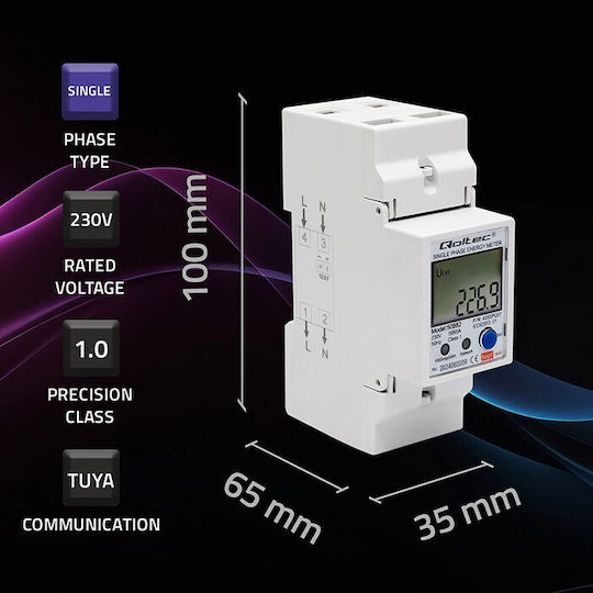 Qoltec 50882 Single Phase Electronic Energy Consumption Meter Din Rail Wi-fi Tuya 230v Lcd