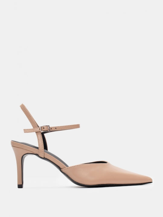 Luigi Pointed Toe Beige Heels with Strap