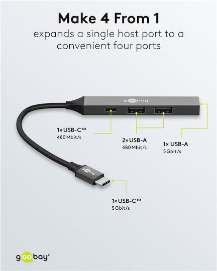 Goobay Hub 4 Θυρών USB 3.2 με σύνδεση USB-C Γκρι