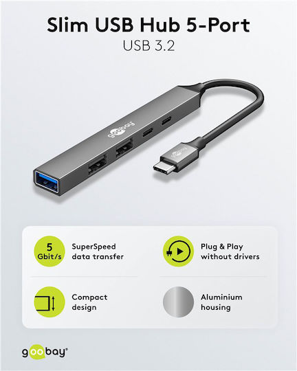 Goobay USB-Hub 5 Anschlüsse USB 3.2 mit USB-C Verbindung Grau