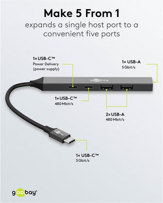 Goobay USB-Hub 5 Anschlüsse USB 3.2 mit USB-C Verbindung Grau
