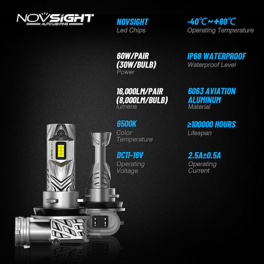 NovSight Λάμπες Αυτοκινήτου & Μοτοσυκλέτας H11 / H8 / H9 LED 6500K Ψυχρό Λευκό 12-24V 60W 2τμχ