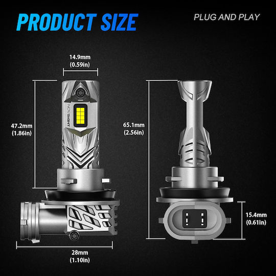 NovSight Λάμπες Αυτοκινήτου & Μοτοσυκλέτας H11 / H8 / H9 LED 6500K Ψυχρό Λευκό 12-24V 60W 2τμχ