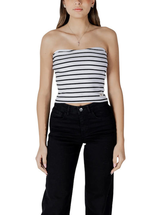 Women's Cotton Strapless Black White Blouse