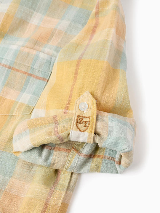 Kids Checked Shirt Long Sleeve Linen Yellow