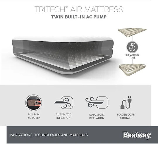 Bestway Camping Air Mattress Single with Integrated Pump 191x97x46cm Gray