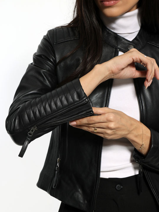 Women's Crop Lifestyle Leather Jacket for Winter Black