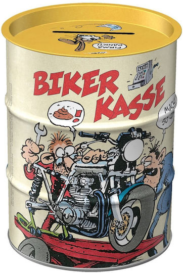 Ölfass-Spardose Motomania Biker Checkout Logo