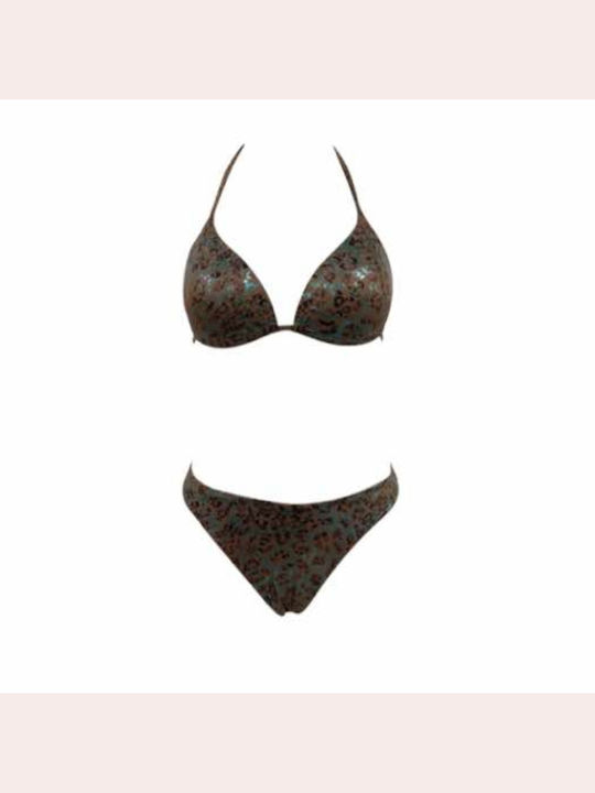 Modern Ocean Padded Bikini Set Bra & Brazil Bottom Brown With Green Animal Print