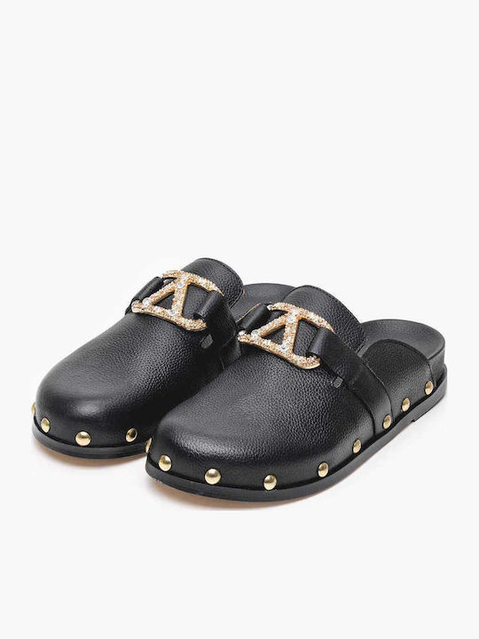 Leder Mules mit Absatz in Schwarz Farbe