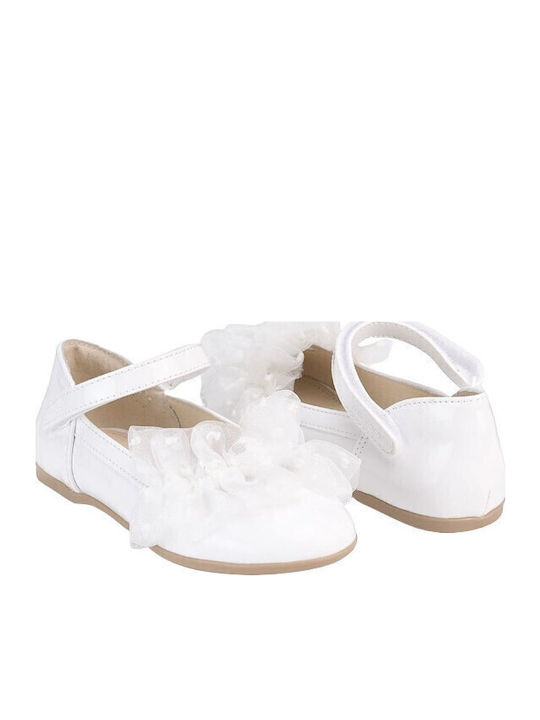 Kids Leather Ballerinas with Hoop & Loop Closure White