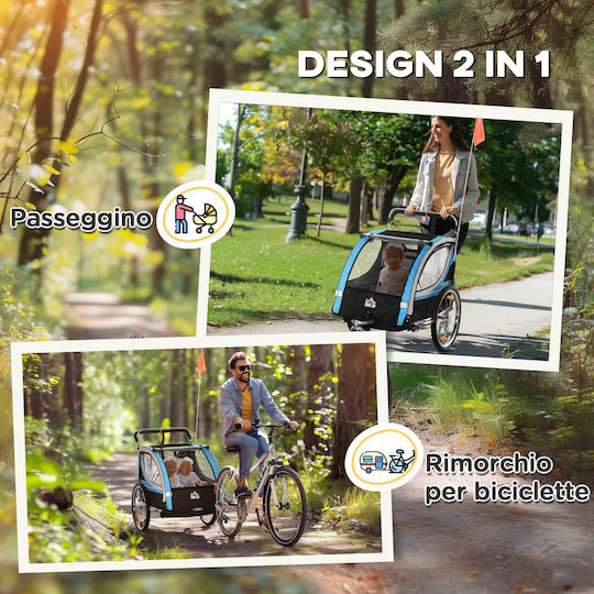 Homcom Fahrradanhänger Kinderwagen 2 in 1 Gurt Taschen Fahne Blau 440-026bu