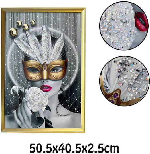Design Pânză cu Ramă Aurie Femeie Mascată Pietre Relief Tip Diamant 50.5x40.5x2.5cm