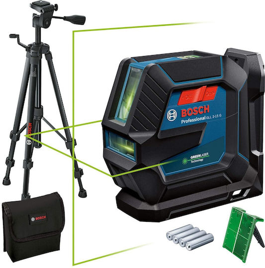 Bosch GLL 2-15 G Γραμμικό Αλφάδι Laser Κόκκινης Δέσμης 1.5V με Εύρος Εργασίας 15m