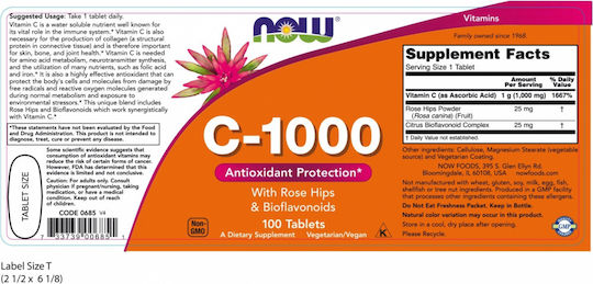 Now Foods C-1000 Sustained Release Antioxidant Protection With Rose Hips Vitamin for Immune System Boost, Skin & Antioxidant Action 1000mg 100 tabs