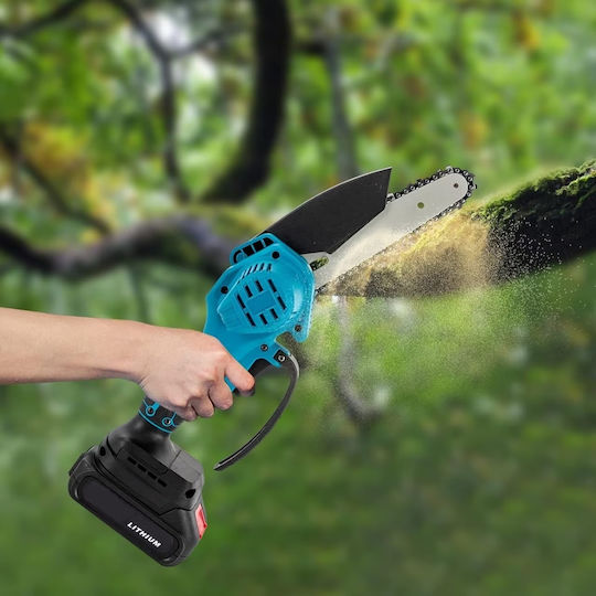Elektrische Mini-Kettensäge 4-Zoll-Klinge 2 Akkus 48V Zubehörkoffer Schwarz-Blau